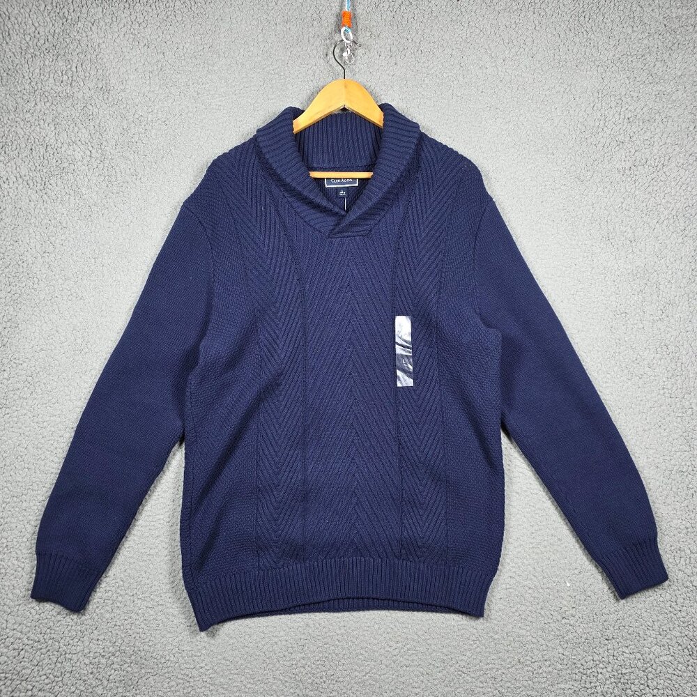 Club Room Sweater Mens Size‎ Large Navy Chunky Cable Knit Shawl Neck Ribbed NWT